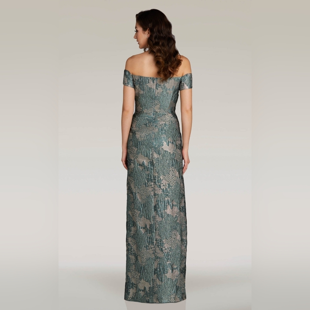 Off Shoulder Column Dress with Ruffles Gia Franco NWT Green Gold Designer Gown - Picture 2 of 5